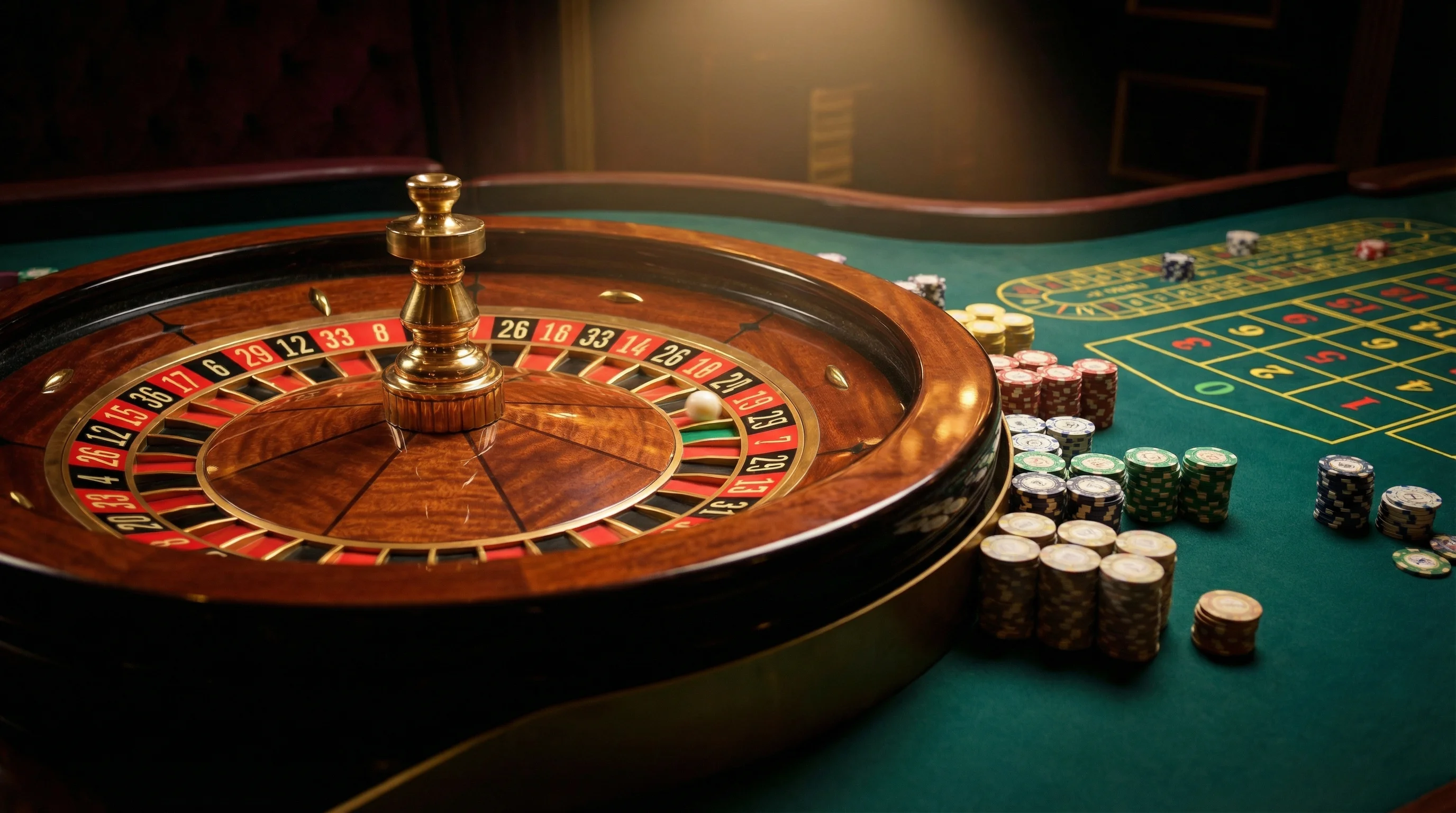 Ruleta europea girando con fichas de casino